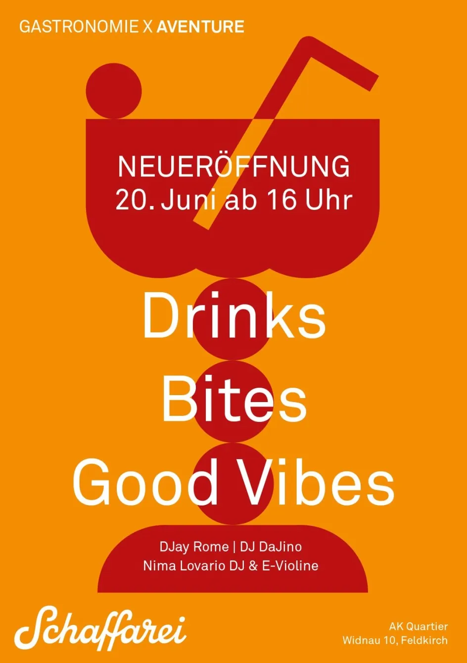 Eröffnungsflyer Schaffarei Gastronomie x Aventure 20 Juni ab 16 Uhr